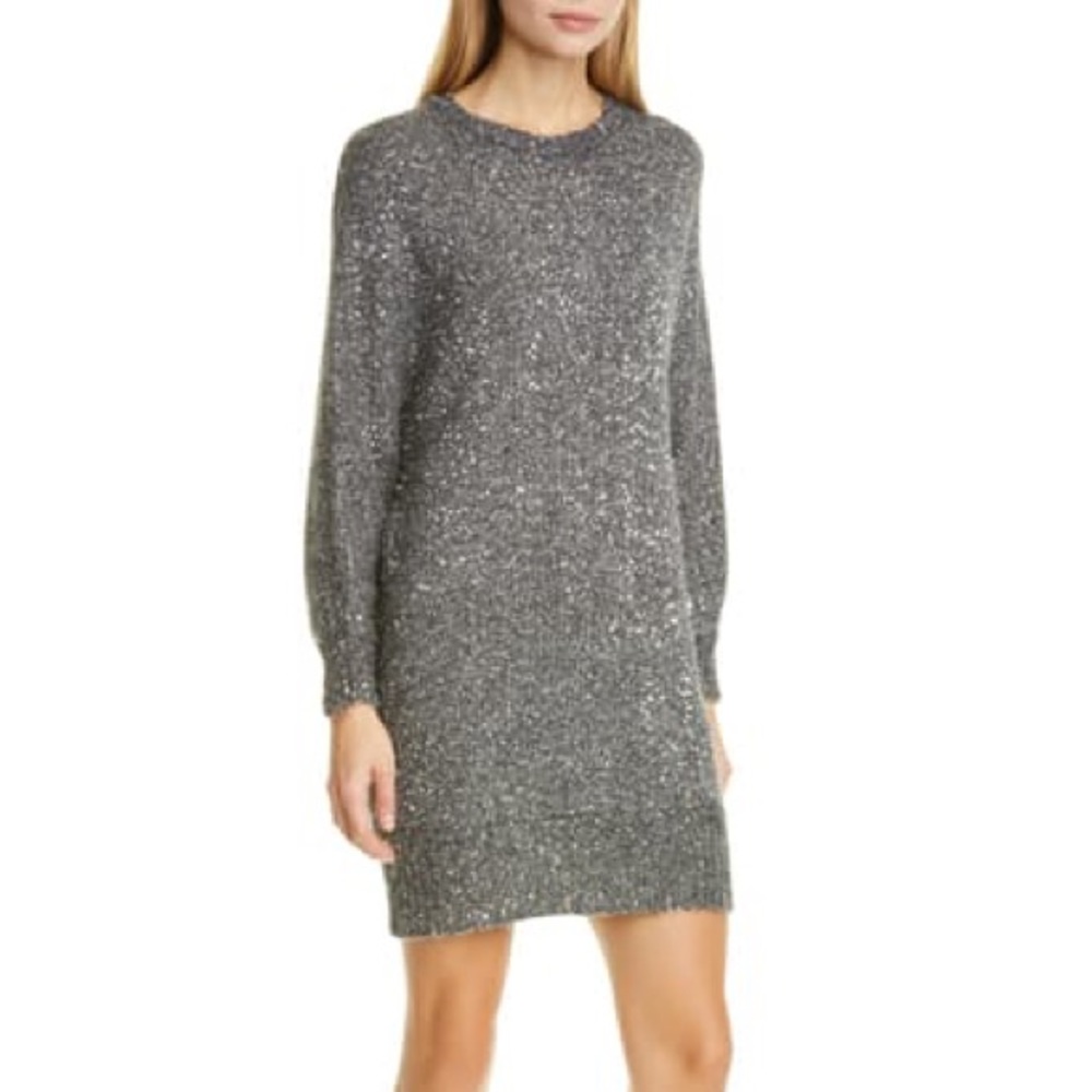 NWT FRAME Sequin Long Sleeve Sweater Minidress In Smoke Heather - Picture 7 of 8